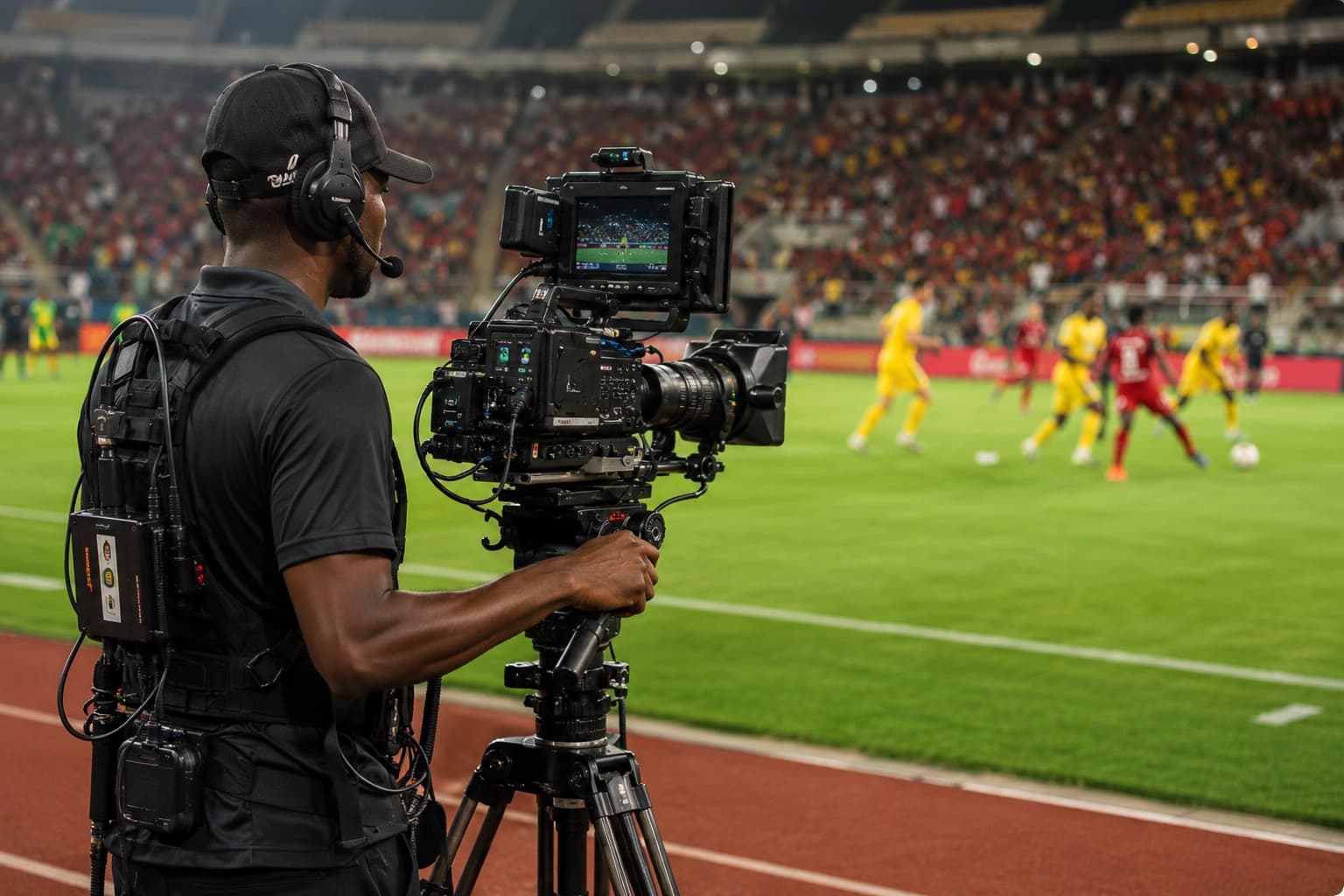 Sports camera operator filming a live football match from the sideline